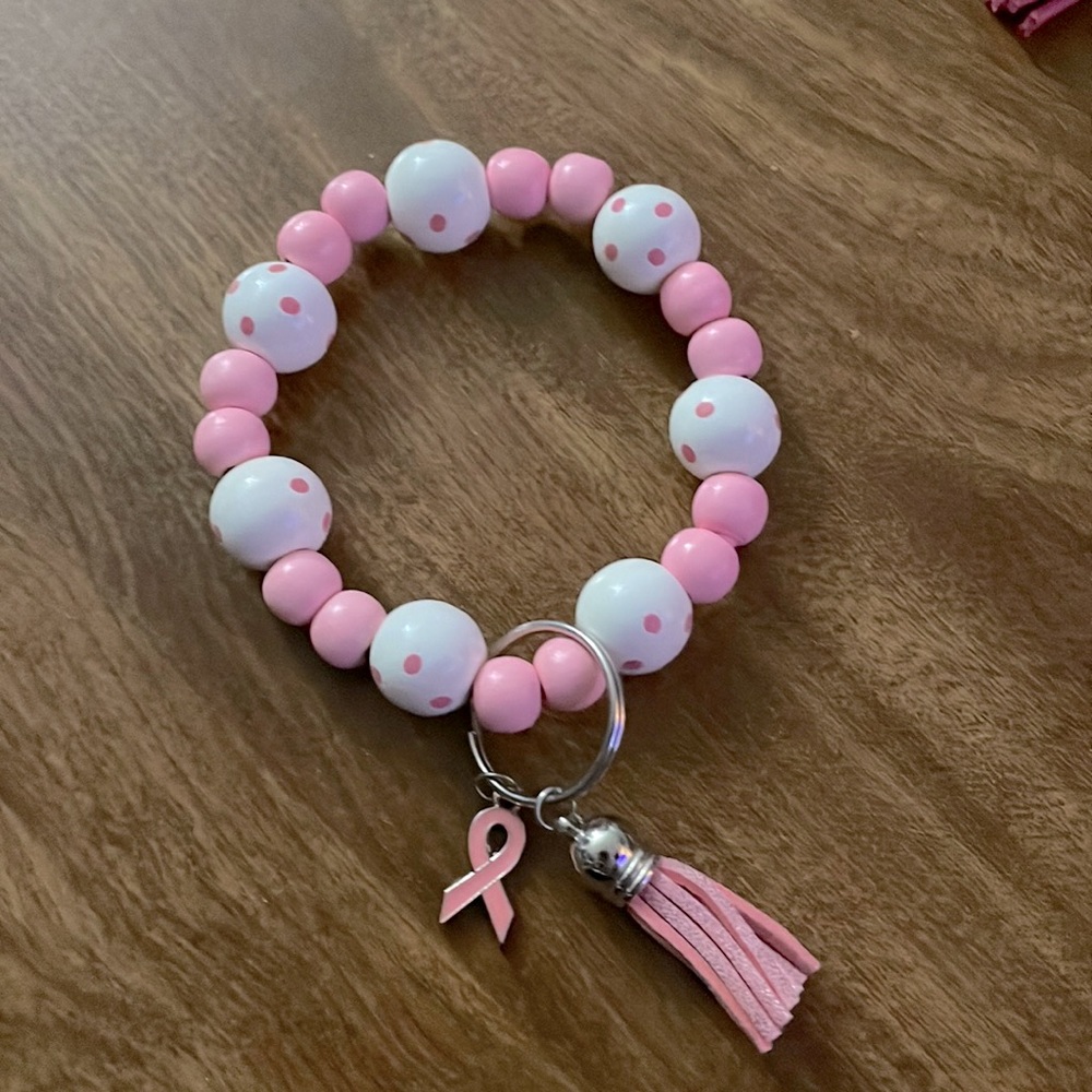 Pink & White Polka Dot Breast Cancer Awareness Beaded Wristlet Keychain